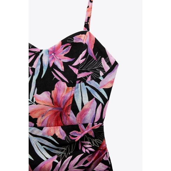 Zara Tropical Floral Print Corset Style Maxi / Midi Dress Side Slit Size Medium - Picture 8 of 11